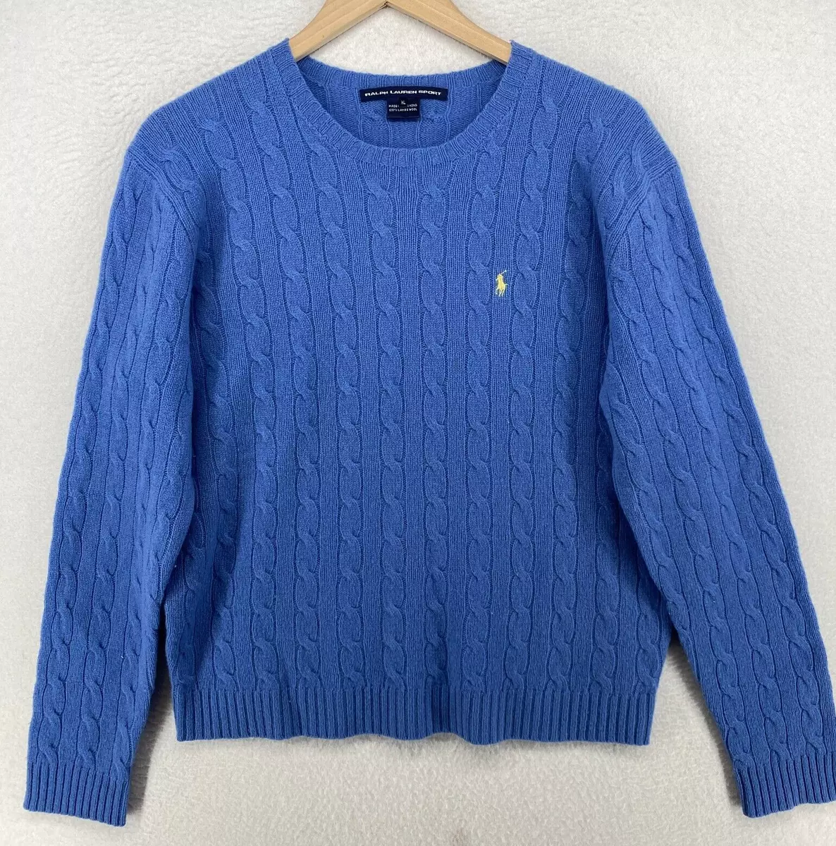 RALPH LAUREN SPORT Sweater Women XL Lambswool Ribbed Cable Knit Pullover Blue HK