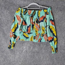 Express Women Top M Linen Woven Cropped Hawaiian tropical smocked Resort