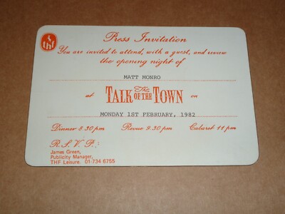 Matt Monro - 1982 Talk Of The Town Opening Night Press Invite