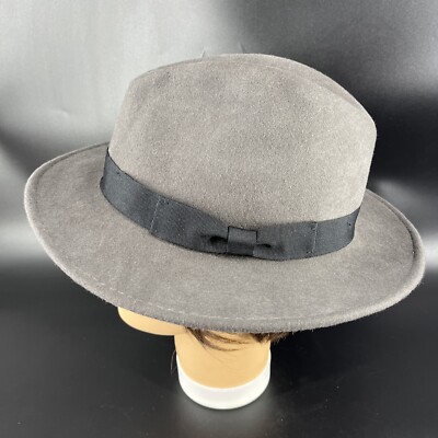 Hats in the Belfry 100% Gray Wool Fedora Black bow hatband and feather Hats In The Belfry Size Medium Grey 100 Percent Wool Fedora  main image 4