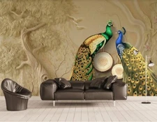 3D Relief Tree Peacock Self-adhesive Removeable Wallpaper Wall Mural