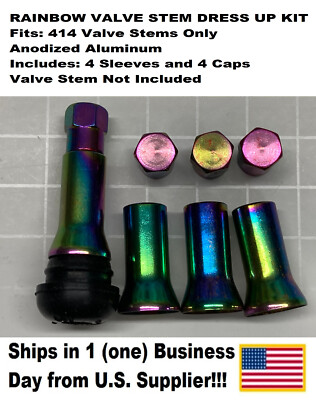 8-PC VALVE STEM DRESS UP 414 KIT-Anodized Aluminum Alloy, Caps w Sleeves-Rainbow