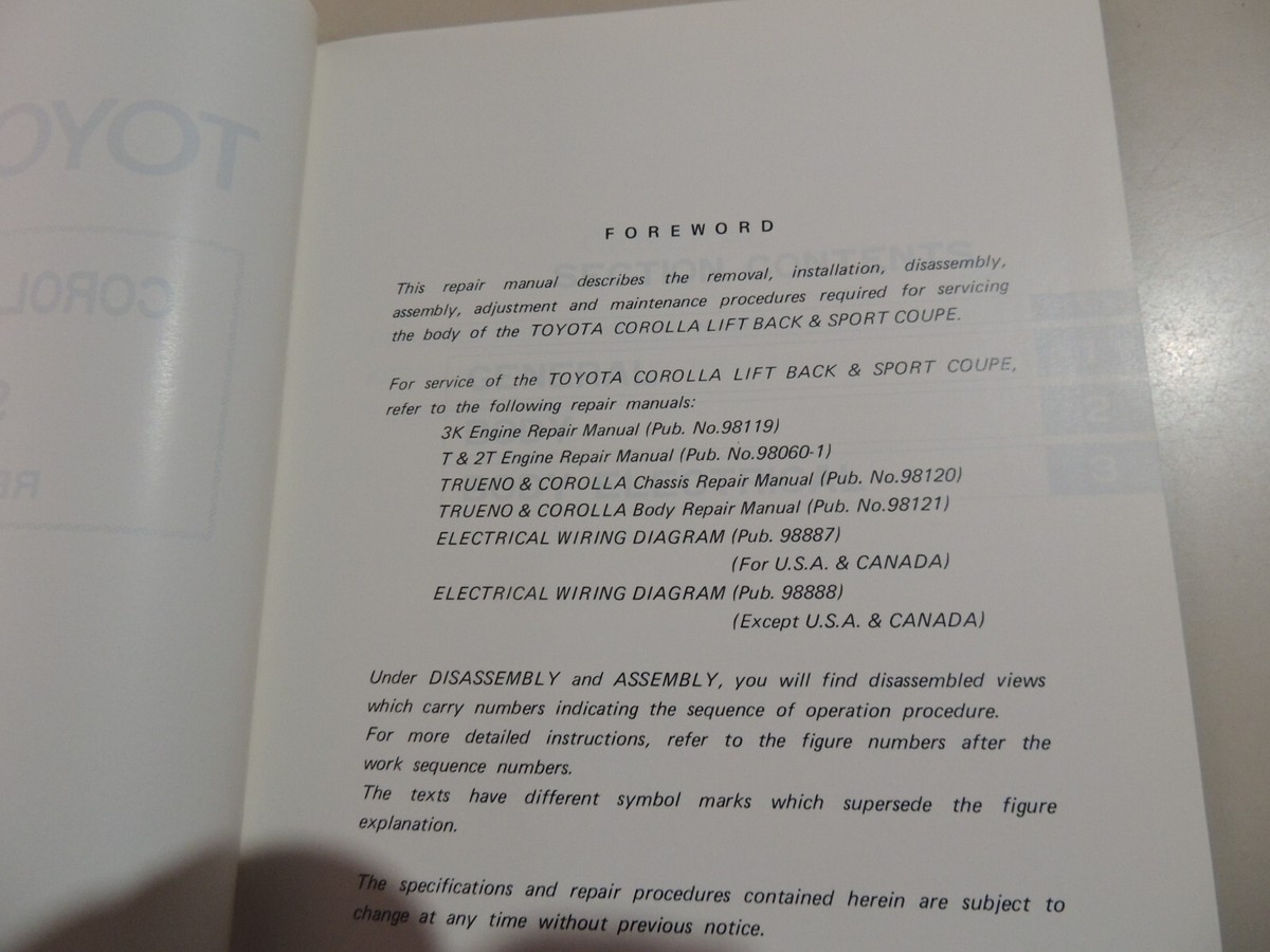 TOYOTA Trueno Corolla Lift Back Sport Coupe Repair manual Body +