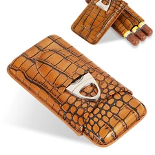 Galiner Leather Case Holder 3 Tube Travel Brown Cigar Cedar Humidor With Cutter