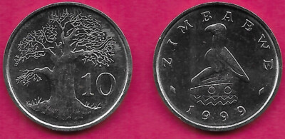 ZIMBABWE 10 CENTS 1999 UNC BAOBAB TREE,BIRD STATUE ABOVE DATE,VALUE AT RIGHT,Rep