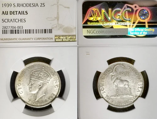 South Rhodesia 1939 2 Shilling Rare Key Date, NGC AU, Low Mintage 120,000