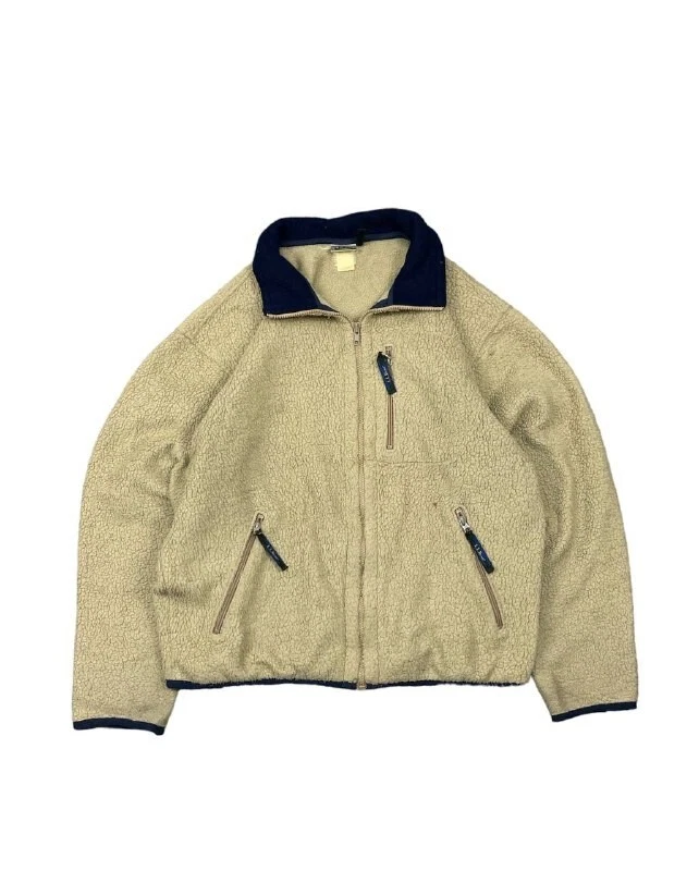 Vintage LL Bean Sherpa Fleece Jacket Men Large Beige Full Zip 90s USA Outdoor
