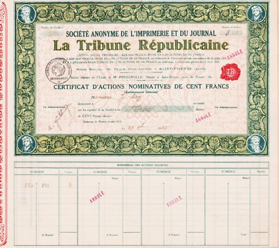LA TRIBUNE REPUBLICAINE - AKTIONSZERTIFIKAT VON 100 FRANCS 1925 - FRANKREICH