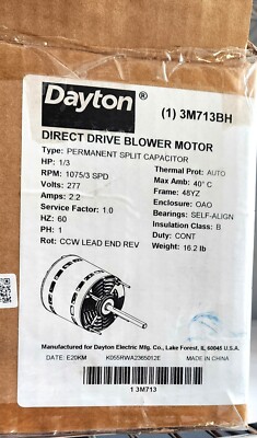 DAYTON Direct Drive Blower Motor: 3 SPD,1/3 HP,1075,277V,3M713