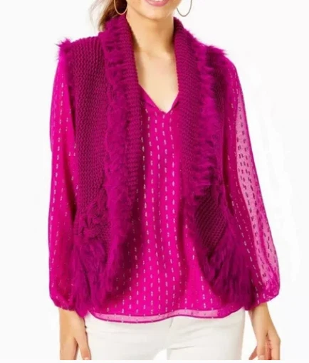 Chaleco Suéter Tejido Grueso Lilly Pulitzer Torini Rosa Fucsia Piel Sintética Borde Flecos