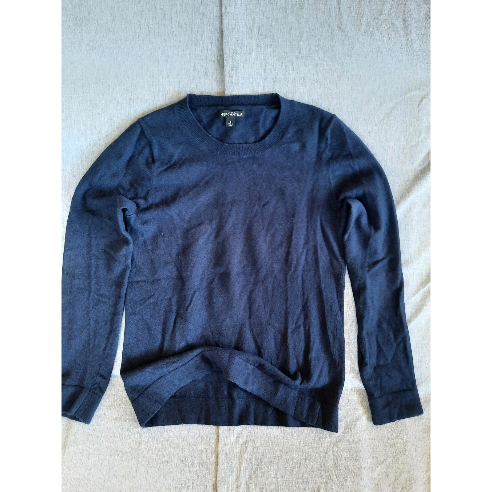 J. Crew Mercantile Men Small Knit Pullover Sweater LS Round Neck Wool Blend Navy