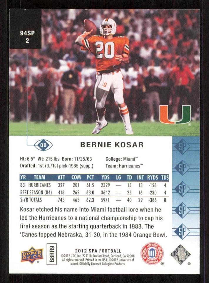 2012 SP Authentic 1994 SP #94SP2 Bernie Kosar - Image 2 of 2