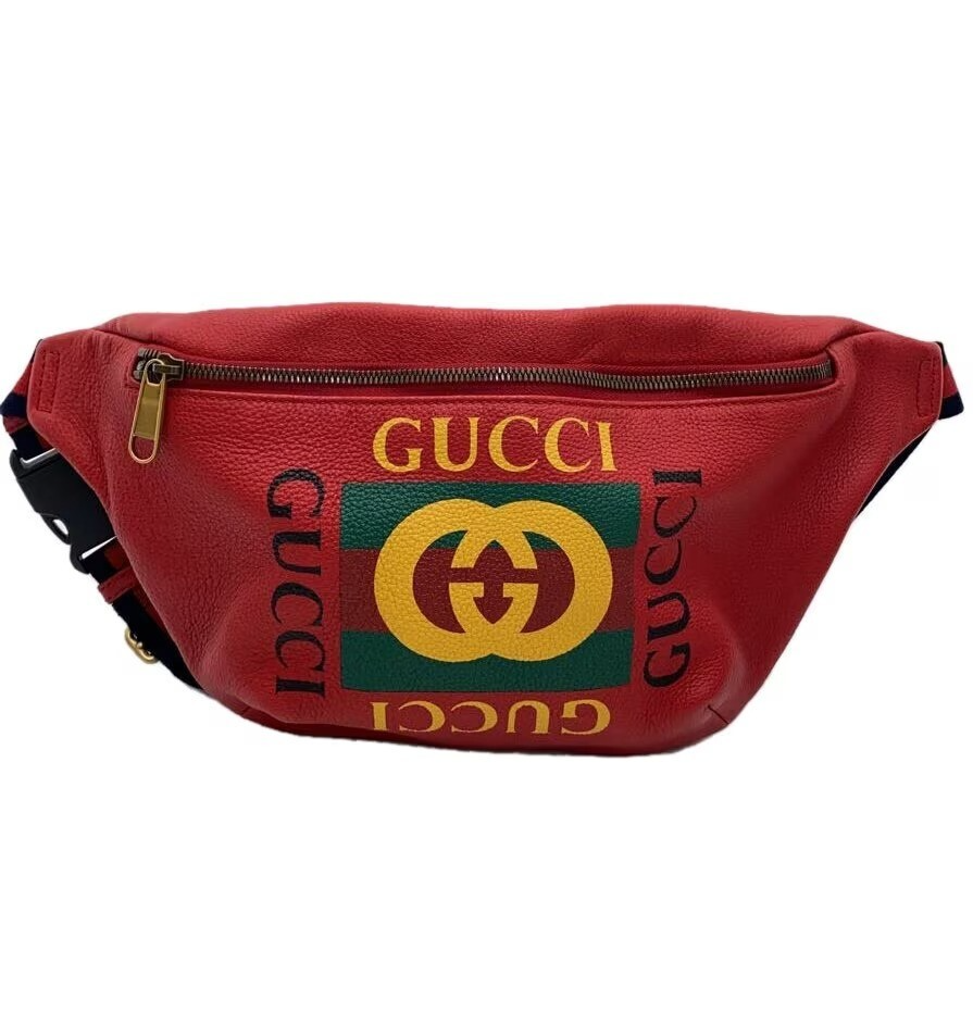 GUCCI Leather Waist estimations Pouch Shoulder Bag with Logo Print in Red 7.8x8.2 inches
