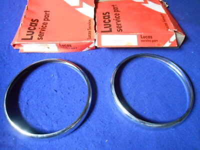 NOS Lucas Pair Headlamp Brass/Chrome Rims Jaguar XKE 54521224 D/C 9/80