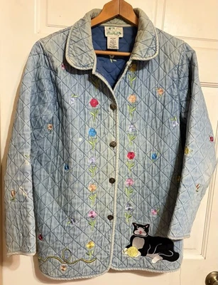 Quacker Factory Jacket~Distressed Denim~Quilted~Cottagecore Embroidery ~TLC~VVG - Image 1 of 4