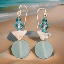 Beach Sea Glass Earrings Pierced Hooks Turquoise Dangles Beads Womens Jewelry