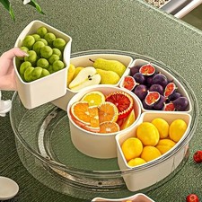 Rotating Fruit Snack Tray with Lid Handle Multi-Section Serving Platter Storage