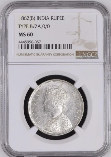 1862B India One Rupee. NGC MS60 Type B/2A, 0/0