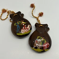 Vintage Spanish Hand Painted Wooden Castanets Flamenco Dancers Bullfighter