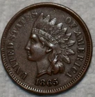 About Uncirculated 1865 Fancy 5 Indian Head Cent, Richly Hued & Mildly Worn.