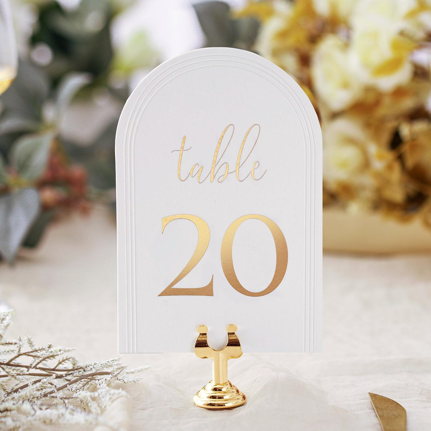 Wedding Arch Table Numbers 1-20 + Head Table, 4X6 Inch White Art Paper, Gold Foi