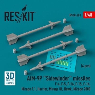 Reskit RS48-0483 1/48 AIM-9P Sidewinder Raketen 4 Stück (3D-Druck)