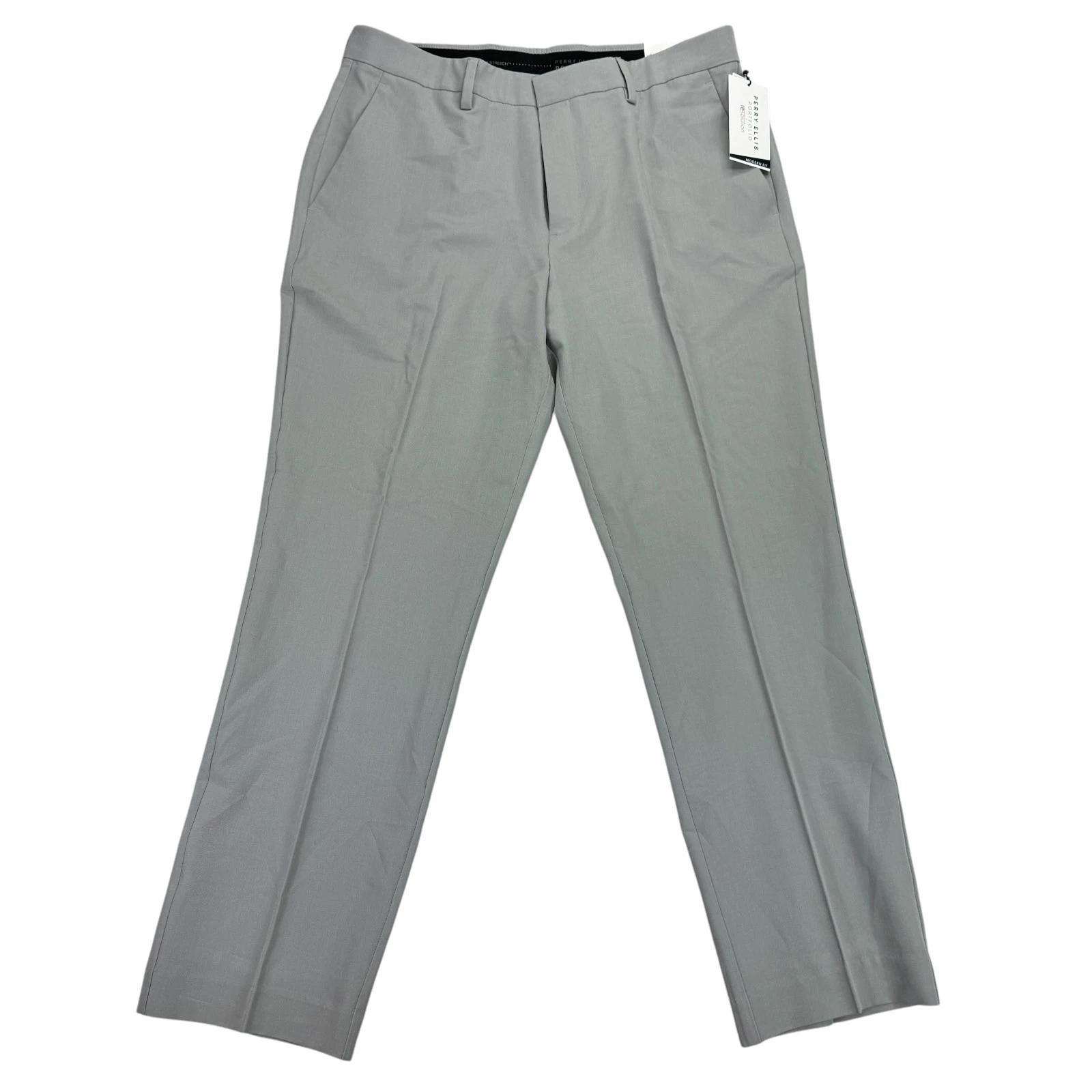 Perry Ellis Mens Modern Fit Stretch Solid Resolution Dress Pants Gray 34x30