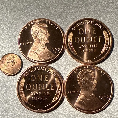 FOUR (4) 1 OZ 1909-S VDB Lincoln Wheat Cent Round .999 Pure Copper (BU) Bullion