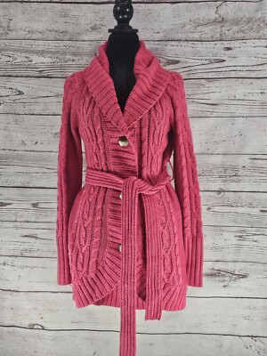 Cabelas Women's Size Medium Pink Button Front Chunky Knit Smocked Long Sweater