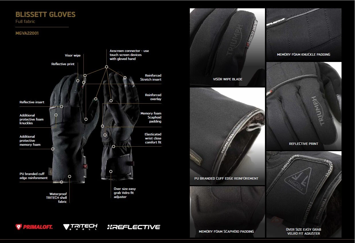 Triumph Motorcycles Blisset Waterproof Gloves Black Fabric MGVA22001