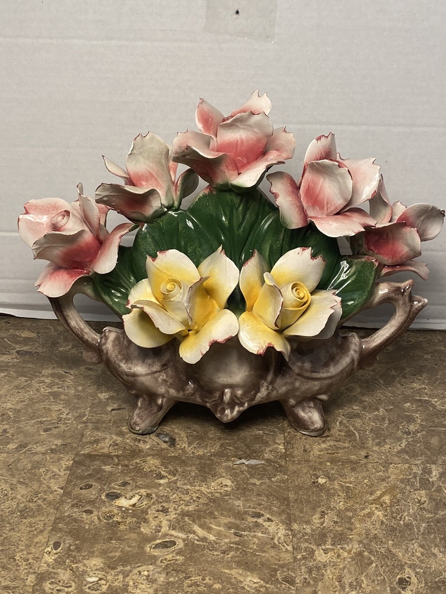 Vintage Nuova Capodimonte Pink And Yellow Roses Porcelain Bouquet