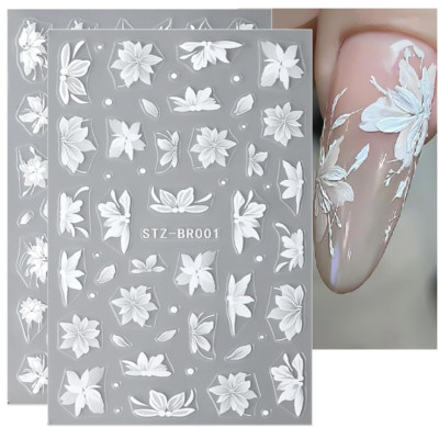 3D White Lace Flower Nail Art Lily Petal Floral Matte Effect Nail Stickers NH27