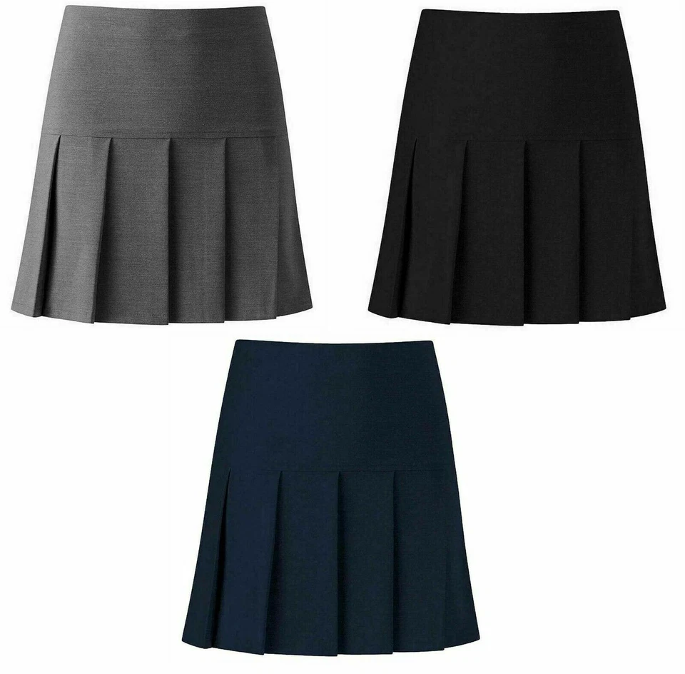 School Uniform Skirt All Round Half Drop Pleated Plain Back Zip Girls Ladies7-20
