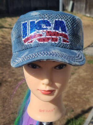 Women\'s Hat Baseball Cap Blue Denim with Tons of BLING !!‎ Women Rhinestone Baseball Cap Bejeweled Bling Cap Distressed  main image 2
