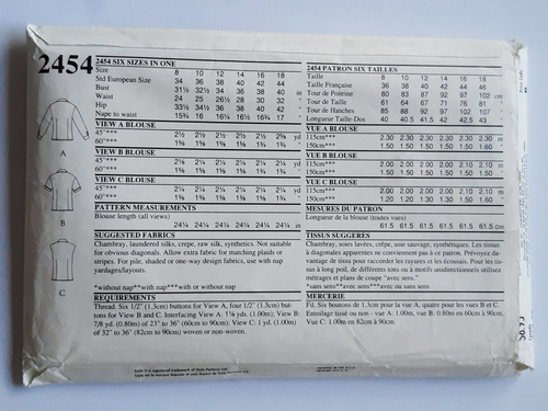 STYLE PATTERN - 2454 LADIES SHIRT BLOUSE  EXT SHOULDER V-NECK NOTCHED 8-18 UNCUT - Bild 2 von 2