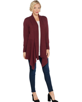 Isaac Mizrahi Live! Mixed Stitch Cascade Shawl Collar Cardigan, Mahogany, S