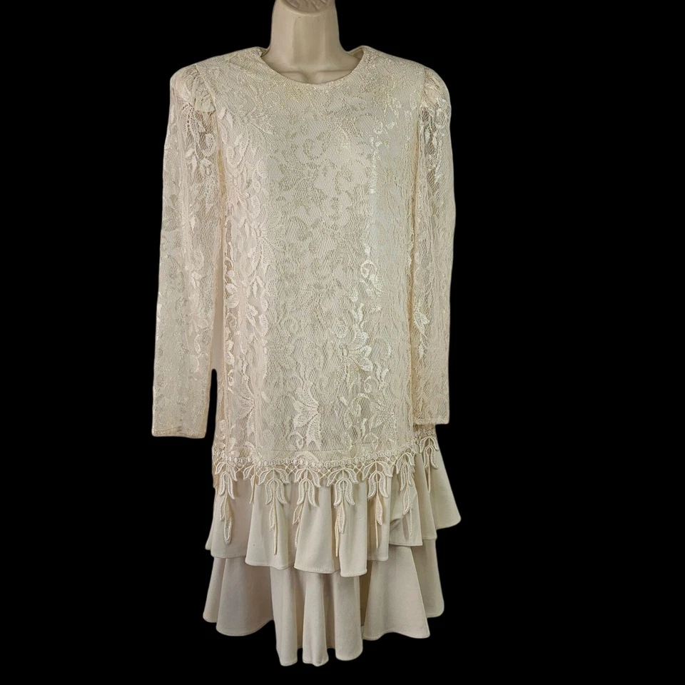 Vestido de fiesta David Rose Flapper años 80 crema encaje manga larga hombreras 8 Foto 3 de 4