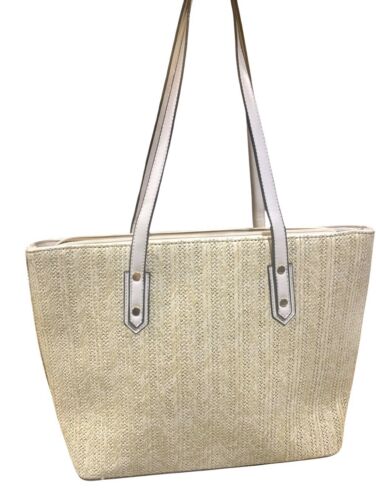 Borsa tote Isabelle tessuto finta rafia moda borsetta zip top doppio manico nuova senza etichette - Foto 4 di 8