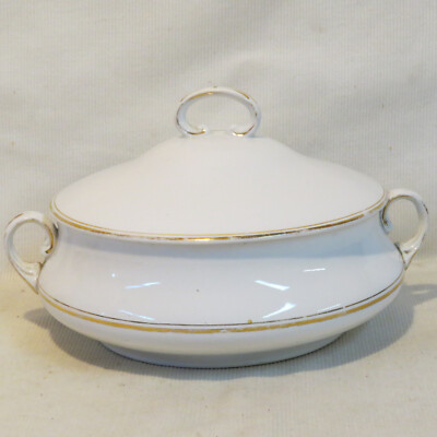 HTF! Antique Homer Laughlin Genesee White Covered Casserole Serving Dish w/ Gold
