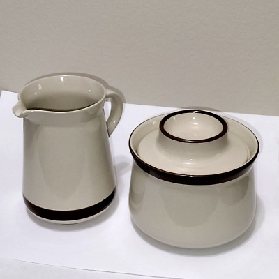 Stonecrest Sand pepples Andre Ponche Sugar Bowl & Creamer Brown Stripe Vtg 80s