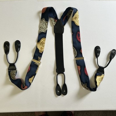 CAS Germany Mens 100% Silk Leather Suspenders Badges & Seals Motif Multicolor