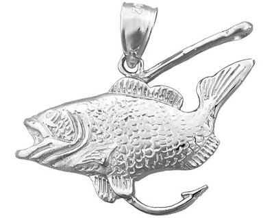 Rhodinierter 925 Sterling Silber Barsch mit Angelhaken Anhänger