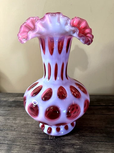Large Vintage Fenton Cranberry Coin Dot Vase