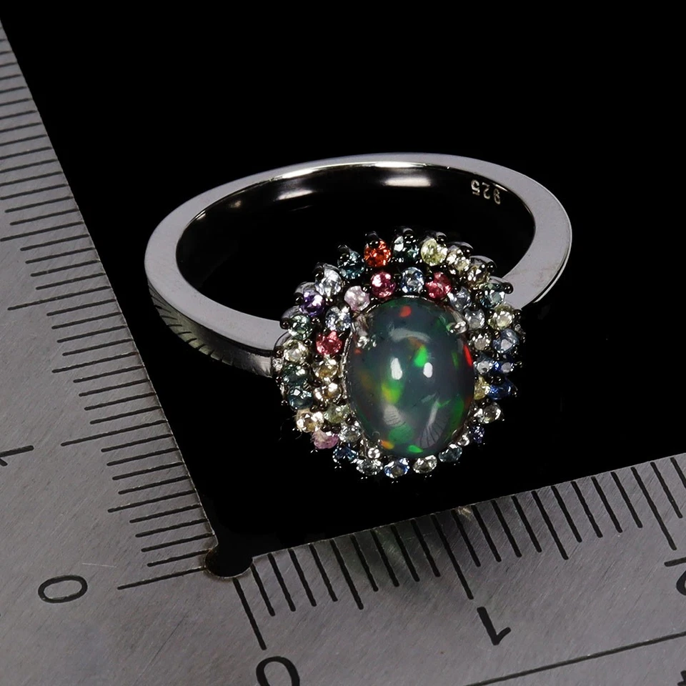 Anillo de plata de ley 925 ovalado ópalo negro 8x6 mm zafiro piedras preciosas joyería talla 7,5 Foto 3 de 4