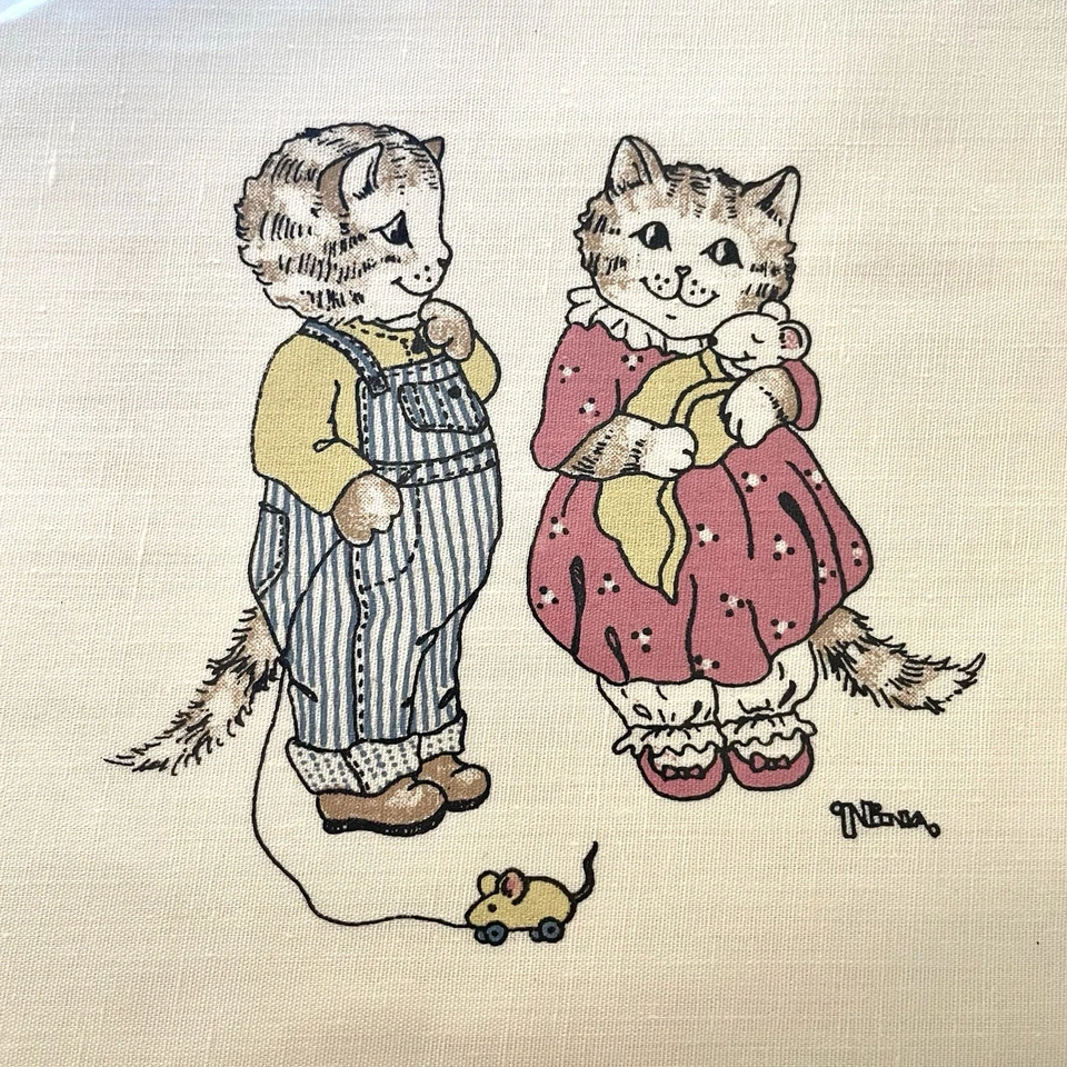 Vntg Hand Silk-Screened Panel 109 Nina Shaffer Two Kittens Holding A Mouse - Image 2 of 4