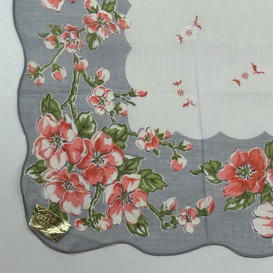 De Colección Bonart Pañuelo Floral Festoneado Salmón Flores Blanco Verde Gris Nuevo Foto 4 de 4