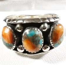 925 STERLING SILVER BEADED 3 STONES SPINY OYSTER  TURQUOISE SIZE 8 RING 5.3g