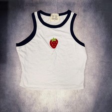French Pastry white crop top with red strawberry graphic