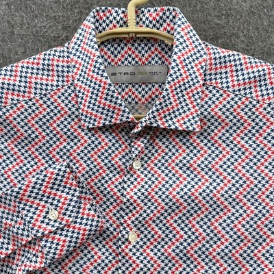 ETRO Shirt Men 39 Red Blue Houndstooth Long Sleeve Dress Button Up Made in Italy