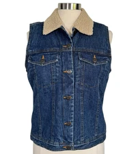 Wrangler Women’s Faux Sherpa Lined Denim Vest M Blue Button Western Outerwear